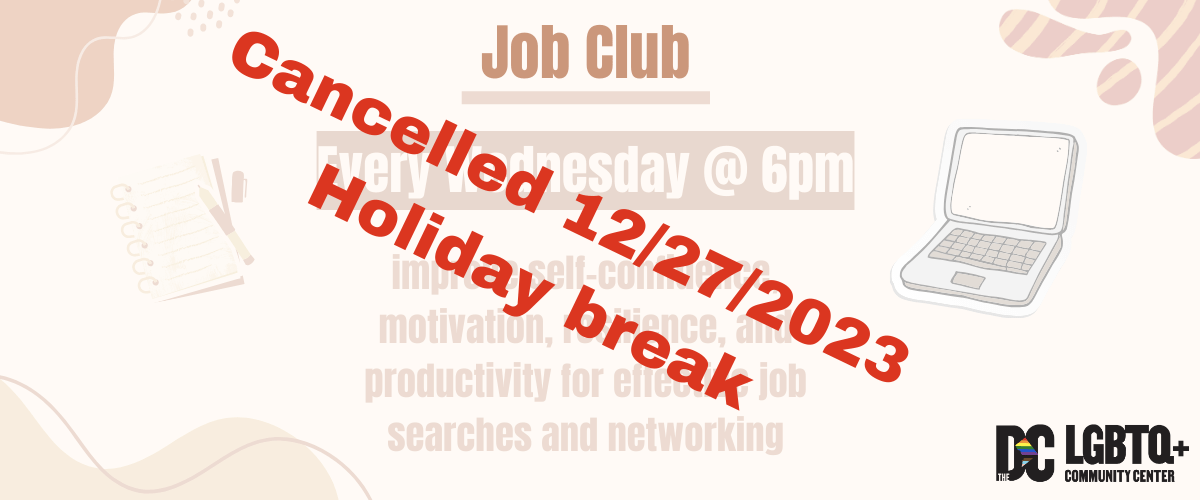Overlaid on the standard image for Job Club is the text "Cancelled 12/27/2023 Holiday Break)